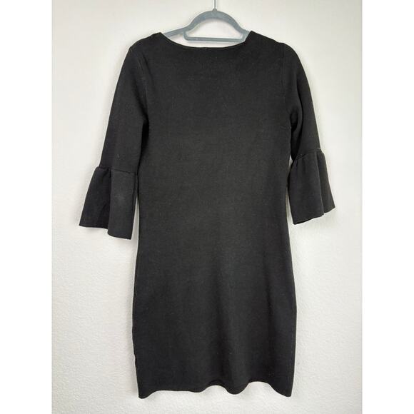 Sweater Dress Black Sz Small Knee Length Stretchy Gothic Bell Sleeve Minimalist - Picture 3 of 9